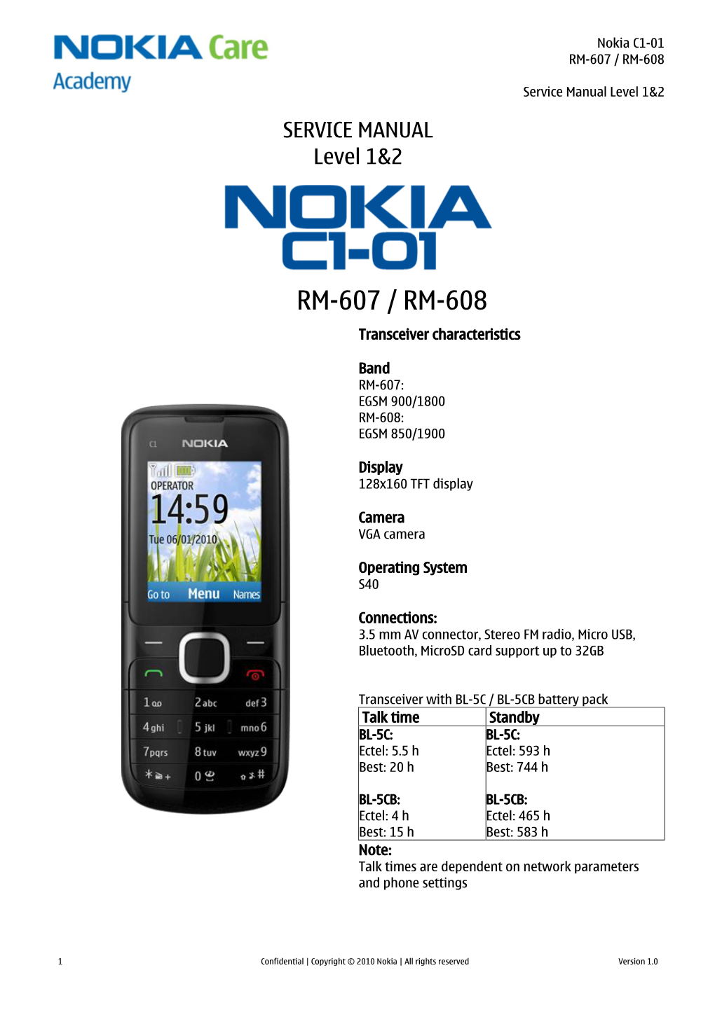 Nokia C1-01 RM-607 / RM-608 Service Manual Level 1&2