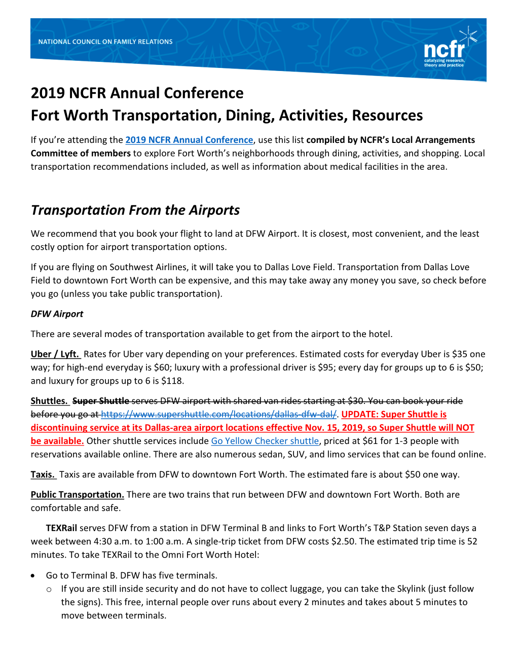 2019 NCFR Annual Conference Fort Worth Transportation, Dining, Activities, Resources