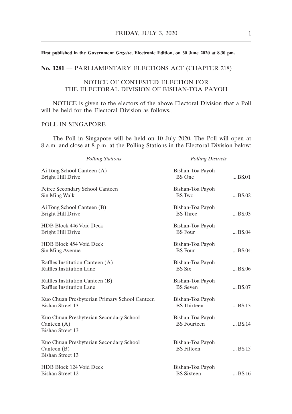 FRIDAY, JULY 3, 2020 1 No. 1281 –– PARLIAMENTARY ELECTIONS ACT (CHAPTER 218