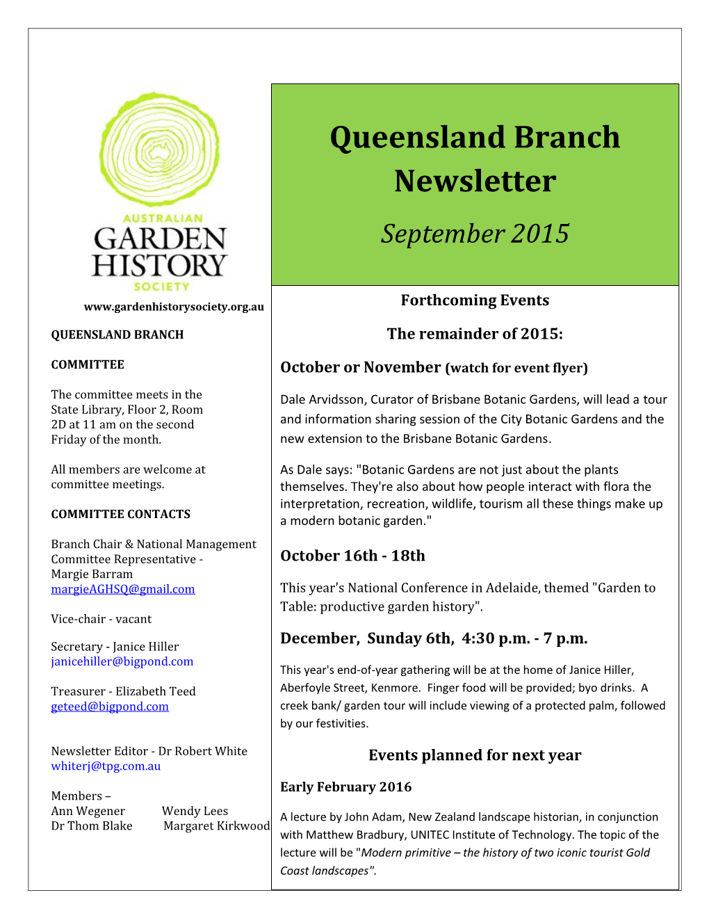 Queensland Branch Newsletter September 2015