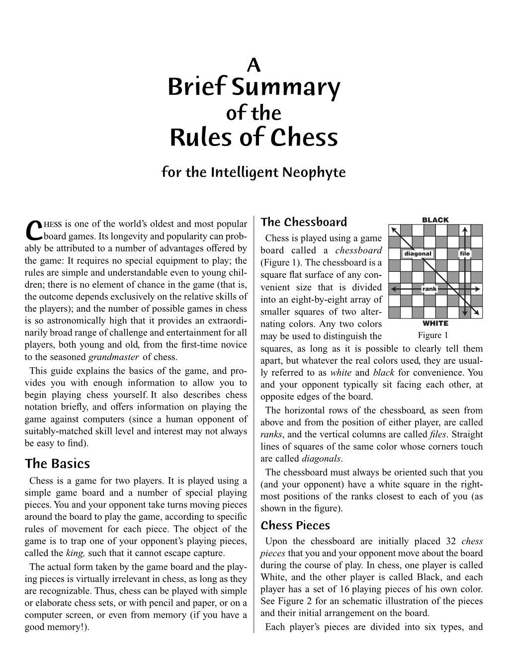 A Brief Summary of the Rules of Chess for the Intelligent Neophyte