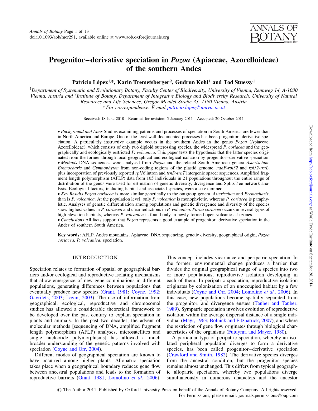 Progenitor–Derivative Speciation in Pozoa (Apiaceae, Azorelloideae) of the Southern Andes