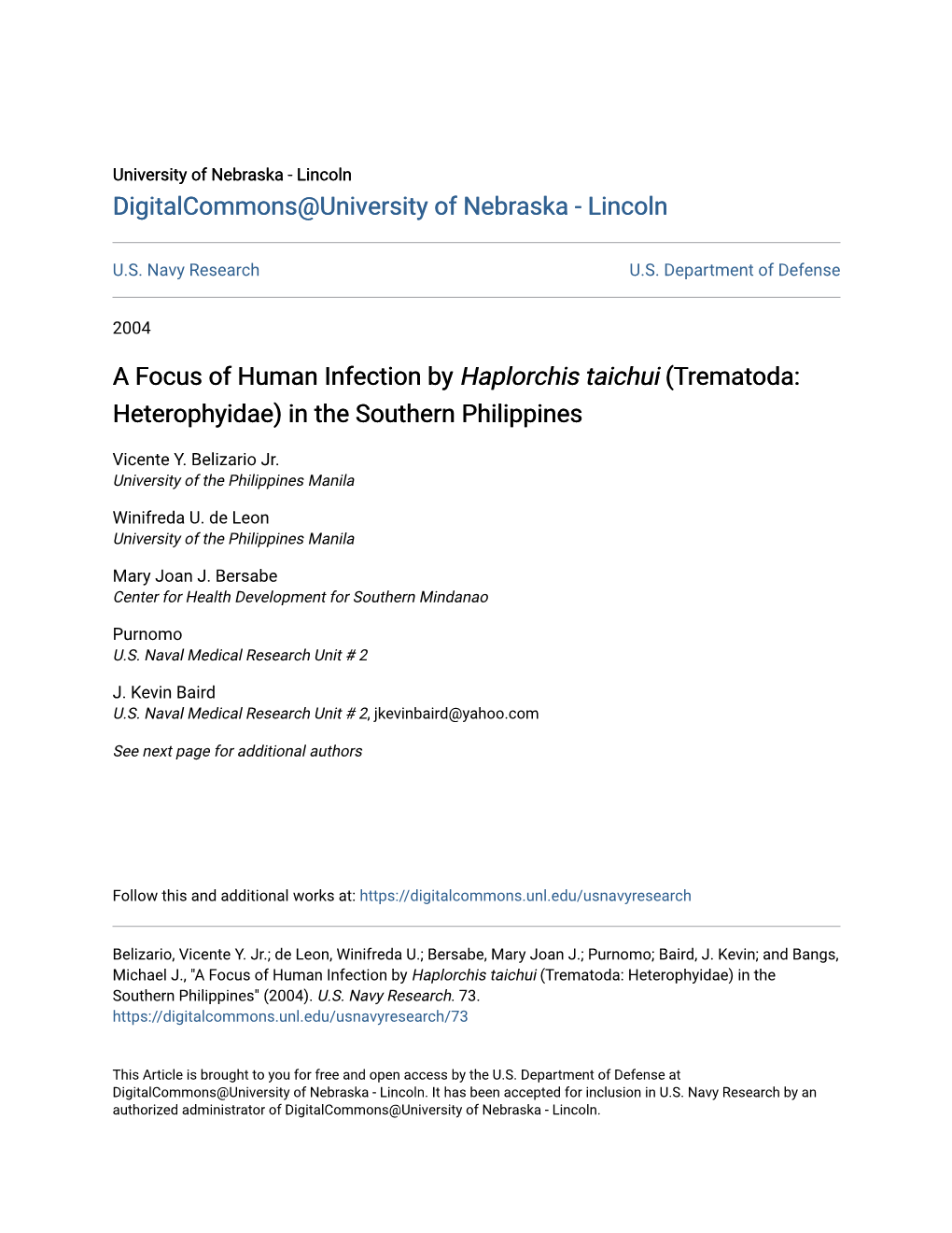 A Focus of Human Infection by Haplorchis Taichui (Trematoda: Heterophyidae) in the Southern Philippines