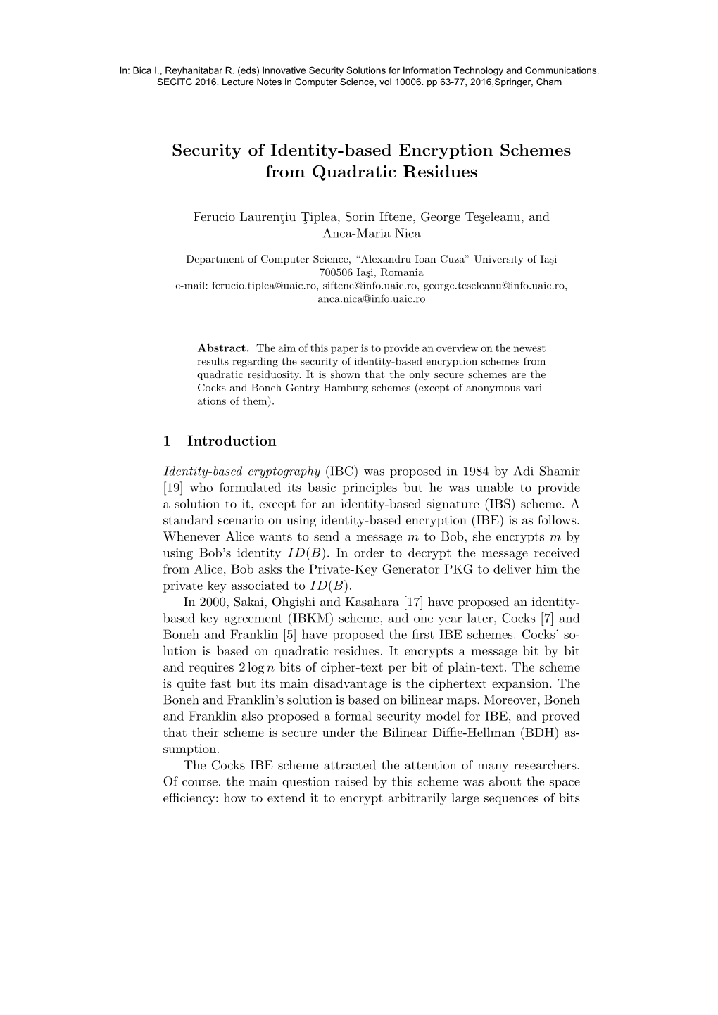 Security of Identity-Based Encryption Schemes from Quadratic Residues