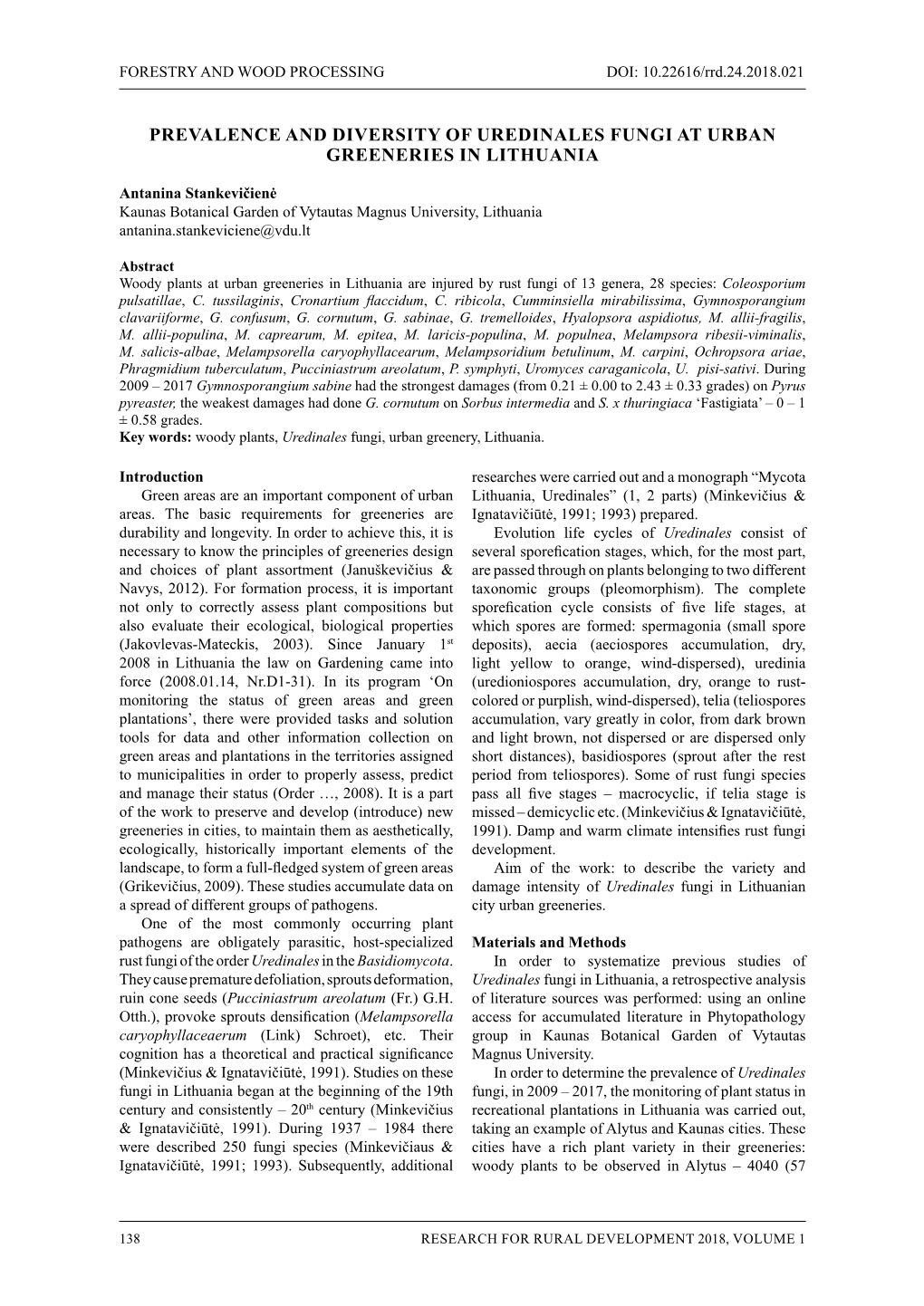 Prevalence and Diversity of Uredinales Fungi at Urban Greeneries in Lithuania