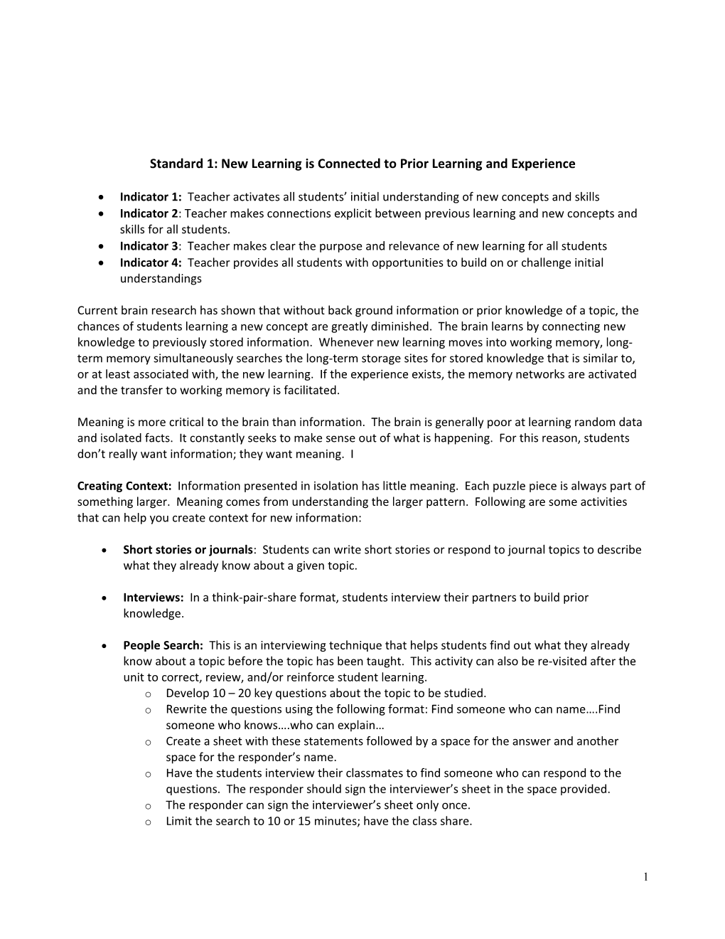 Standard 1: New Learning Is Connected to Prior Learning and Experience