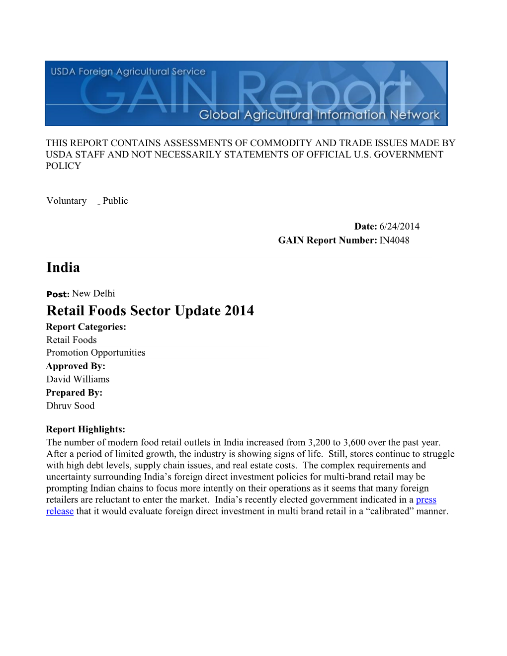 Retail Foods Sector Update 2014 India