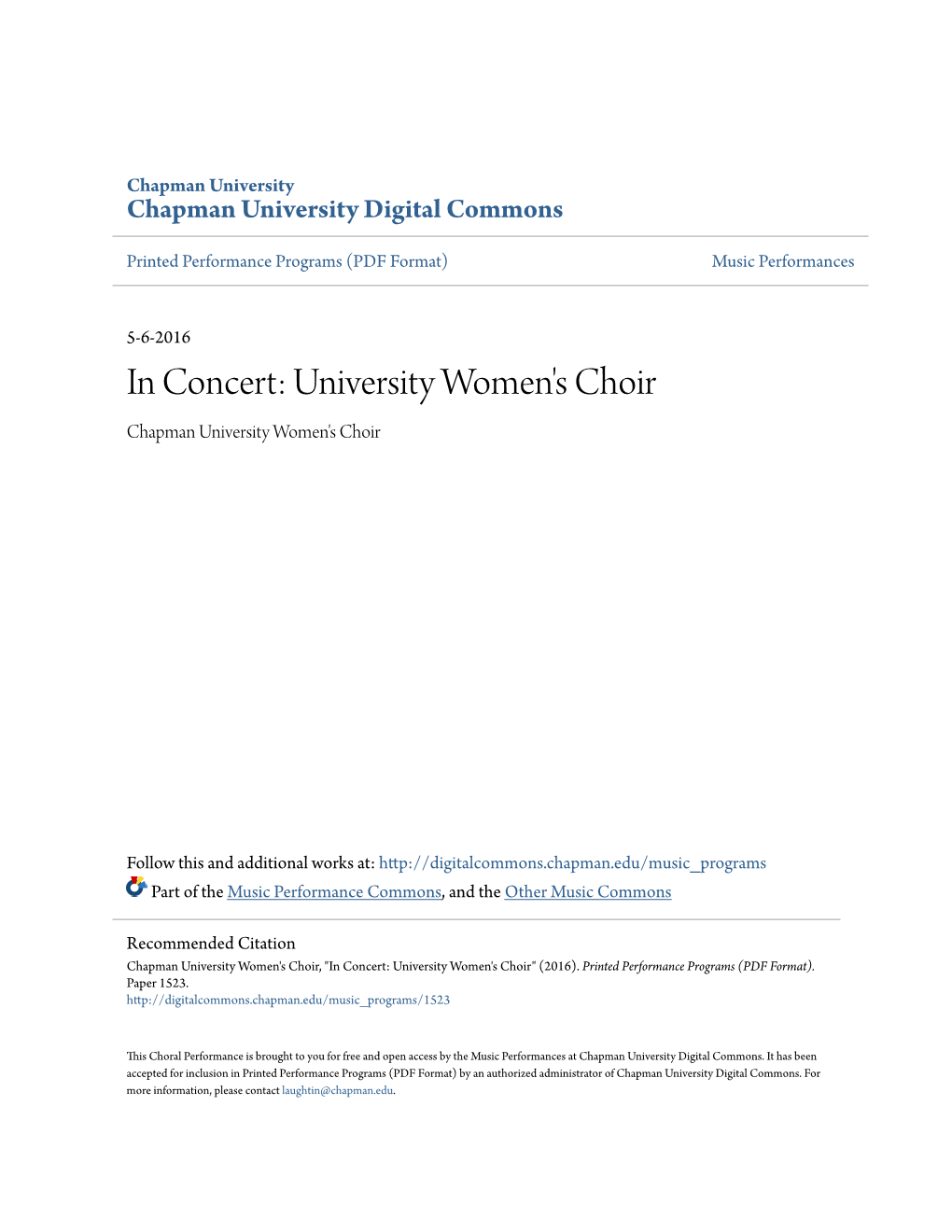 In Concert: University Women's Choir Chapman University Women's Choir