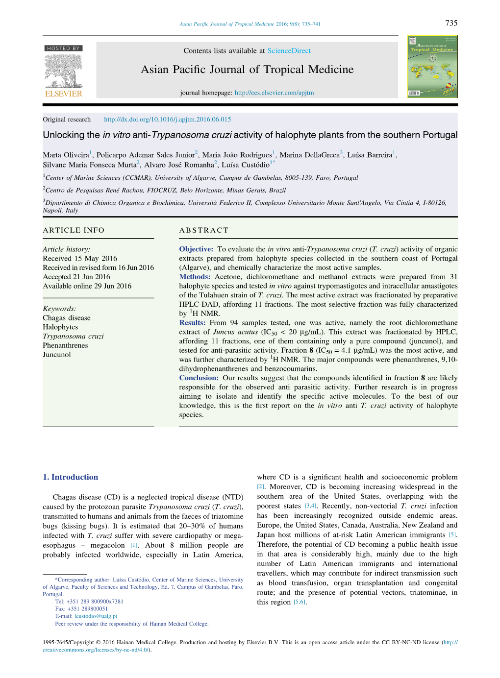 Vitro Anti-Trypanosoma Cruzi Activity of Halophyte Plants from the Southern Portugal