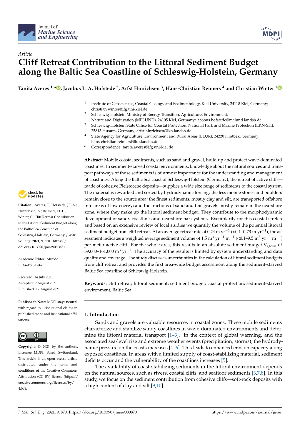 Cliff Retreat Contribution to the Littoral Sediment Budget Along the Baltic Sea Coastline of Schleswig-Holstein, Germany