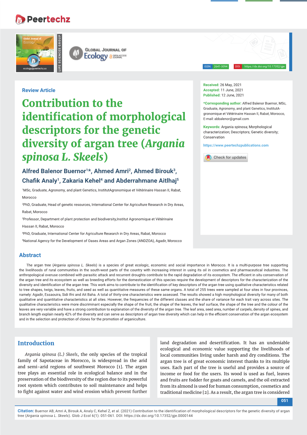 Contribution to the Identification of Morphological Descriptors for the Genetic Diversity of Argan Tree (Argania Spinosa L