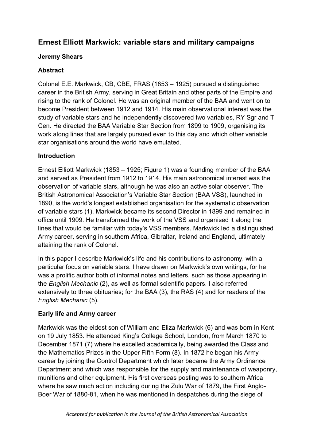 Ernest Elliott Markwick: Variable Stars and Military Campaigns