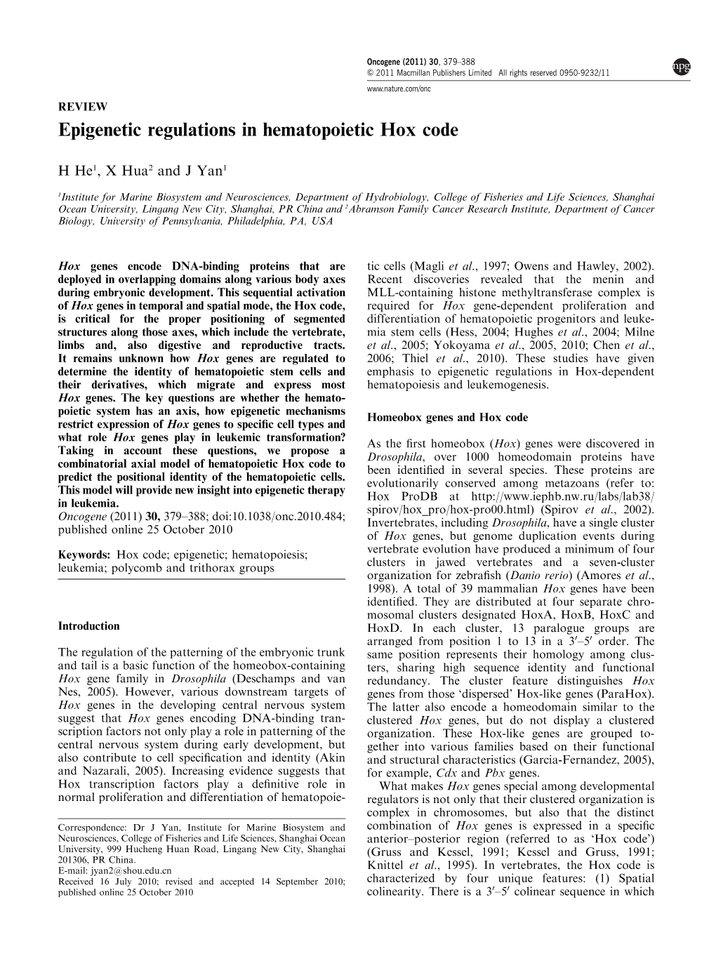 Epigenetic Regulations in Hematopoietic Hox Code