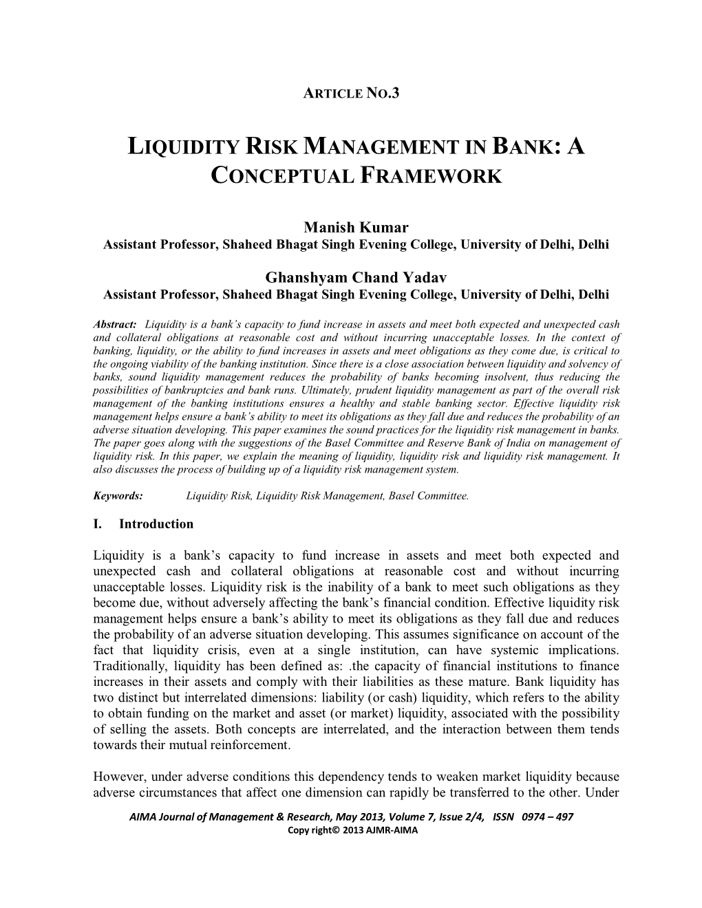 Liquidity Risk Management in Bank: a Conceptual Framework