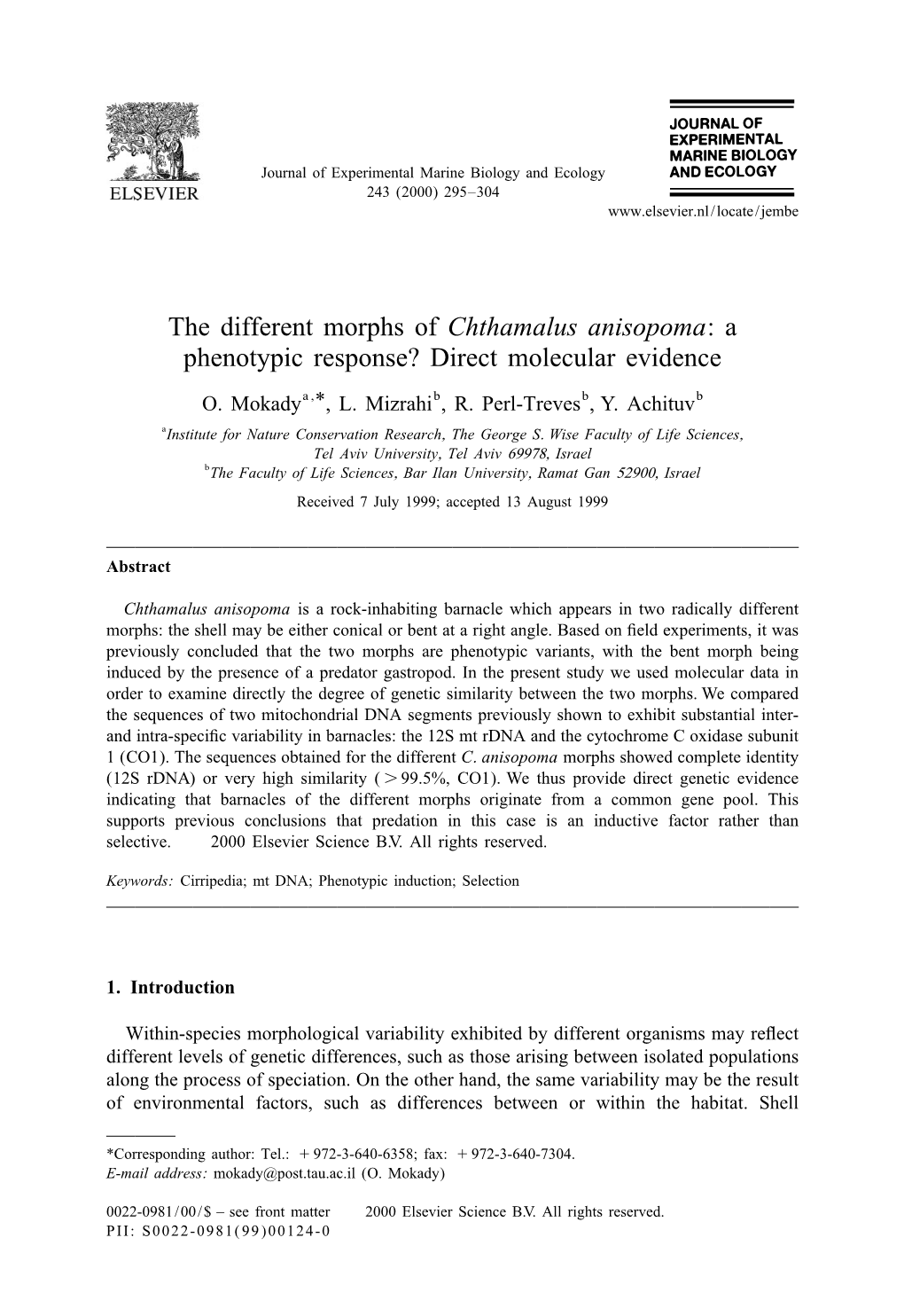 The Different Morphs of Chthamalus Anisopoma:A Phenotypic Response? Direct Molecular Evidence