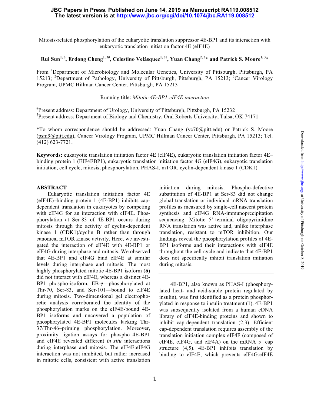 Mitosis-Related Phosphorylation of the Eukaryotic Translation Suppressor 4E-BP1 and Its Interaction with Eukaryotic Translation Initiation Factor 4E (Eif4e)