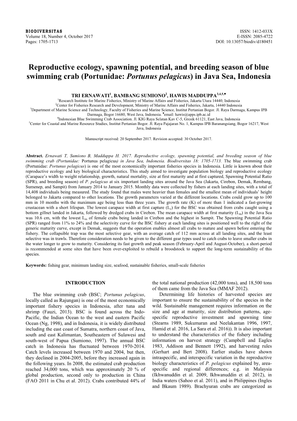 Reproductive Ecology, Spawning Potential, and Breeding Season of Blue Swimming Crab (Portunidae: Portunus Pelagicus) in Java Sea, Indonesia