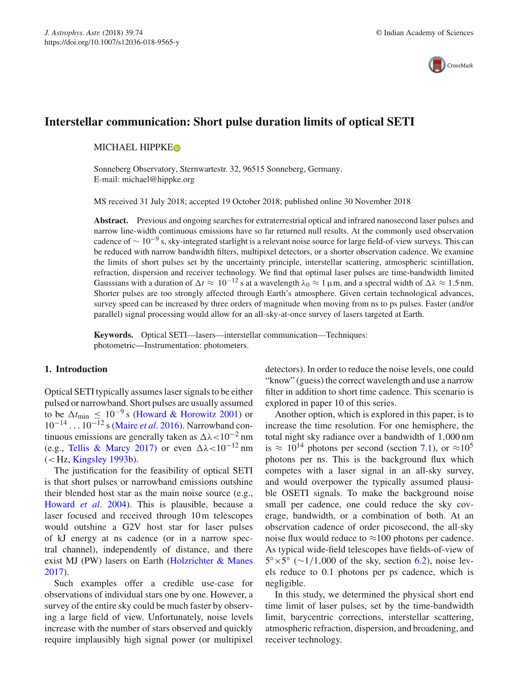 Interstellar Communication: Short Pulse Duration Limits of Optical SETI