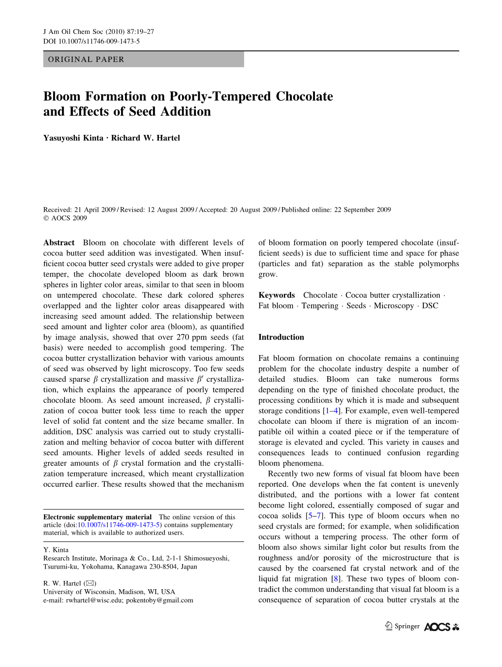 Bloom Formation on Poorly-Tempered Chocolate and Effects of Seed Addition