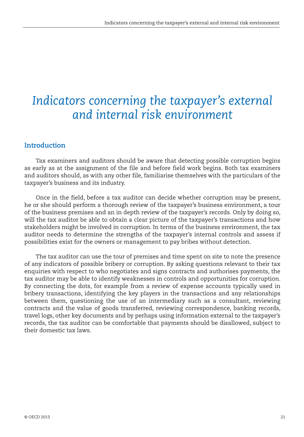 Indicators Concerning the Taxpayer's External and Internal Risk Environment