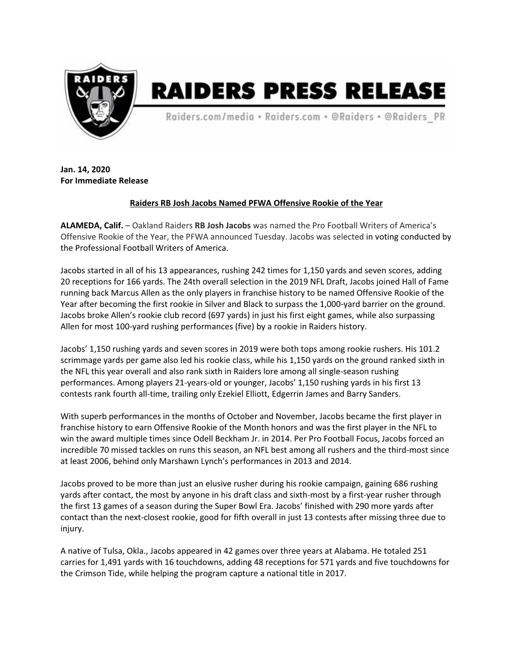 Jan. 14, 2020 for Immediate Release Raiders RB Josh Jacobs