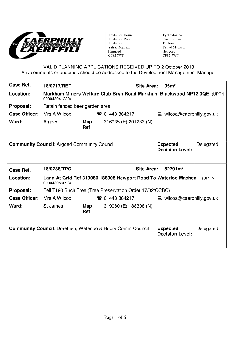 Page 1 of 6 VALID PLANNING APPLICATIONS RECEIVED up to 2 October 2018 Any Comments Or Enquiries Should Be Addressed to the Devel