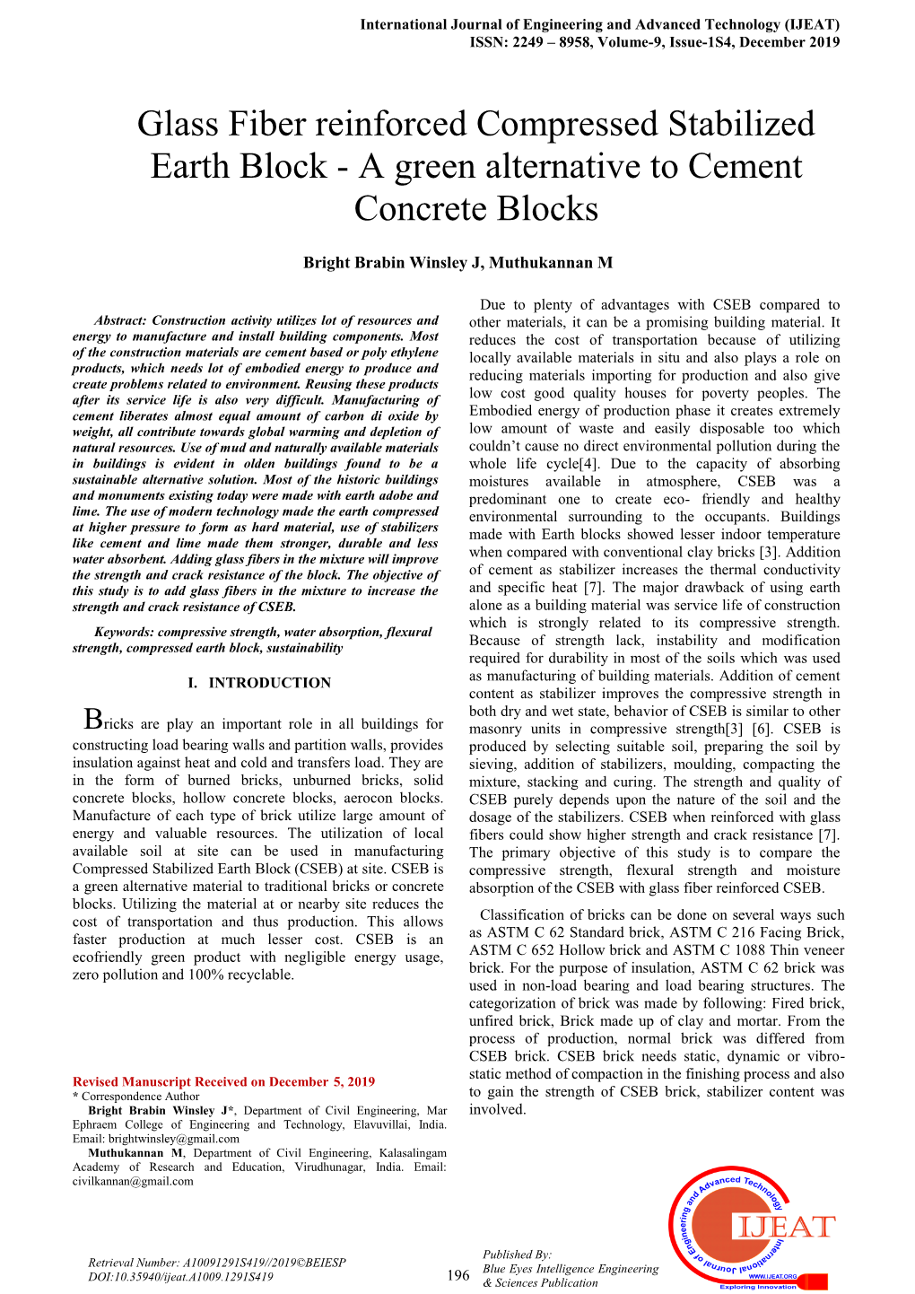 Glass Fiber Reinforced Compressed Stabilized Earth Block - a Green Alternative to Cement Concrete Blocks