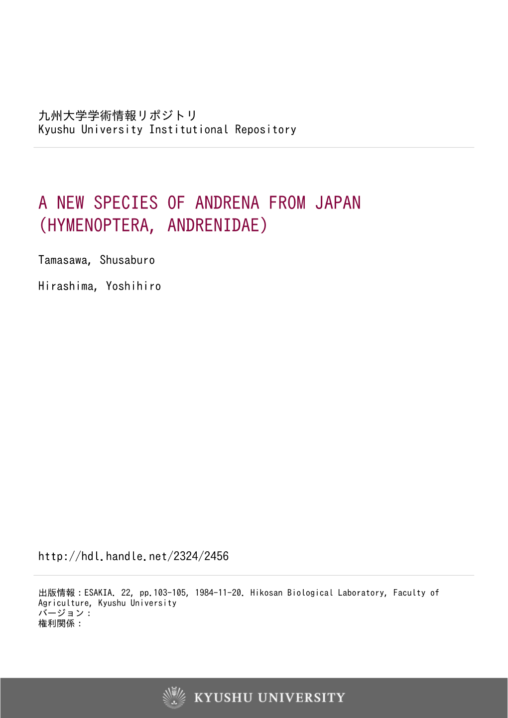 A New Species of Andrena from Japan (Hymenoptera, Andrenidae)