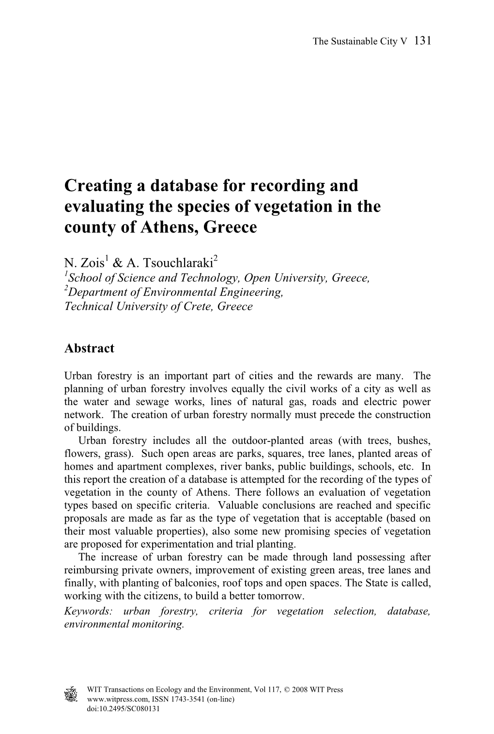 Creating a Database for Recording and Evaluating the Species of Vegetation in the County of Athens, Greece