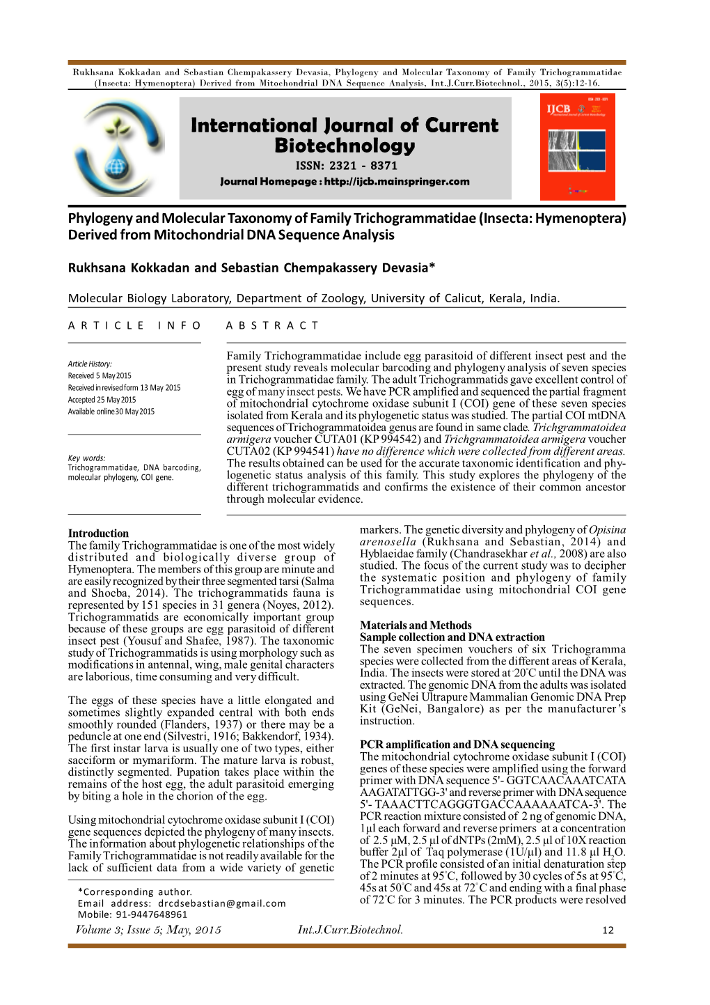 Phylogeny and Molecular Taxonomy of Family Trichogrammatidae