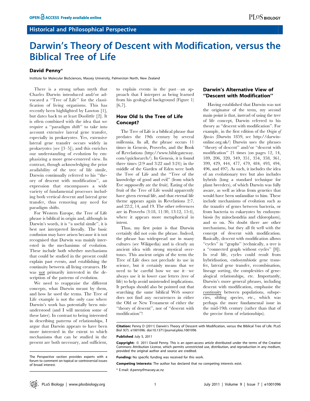 Darwin's Theory of Descent with Modification, Versus the Biblical