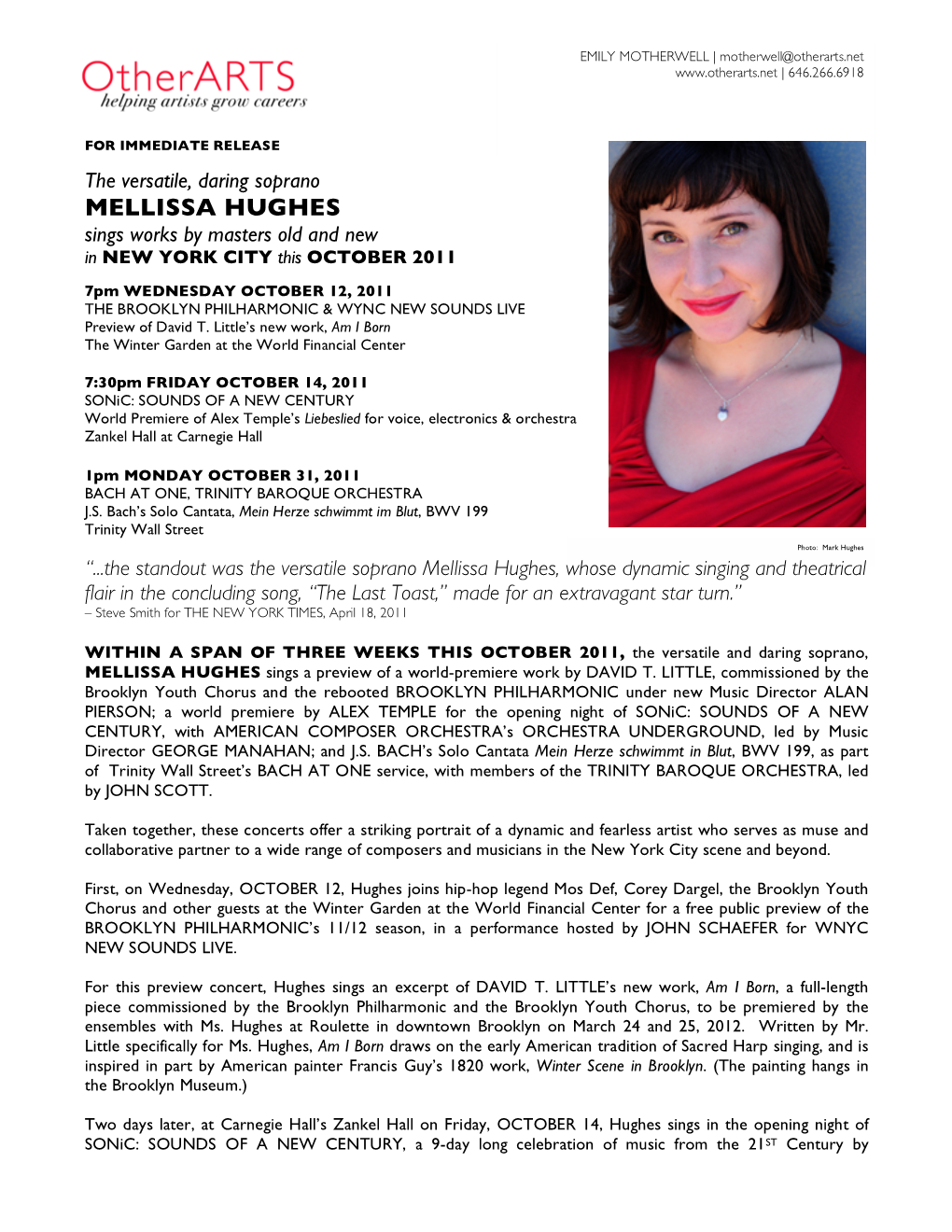 MELLISSA HUGHES Sings Works by Masters Old and New in NEW YORK CITY This OCTOBER 2011