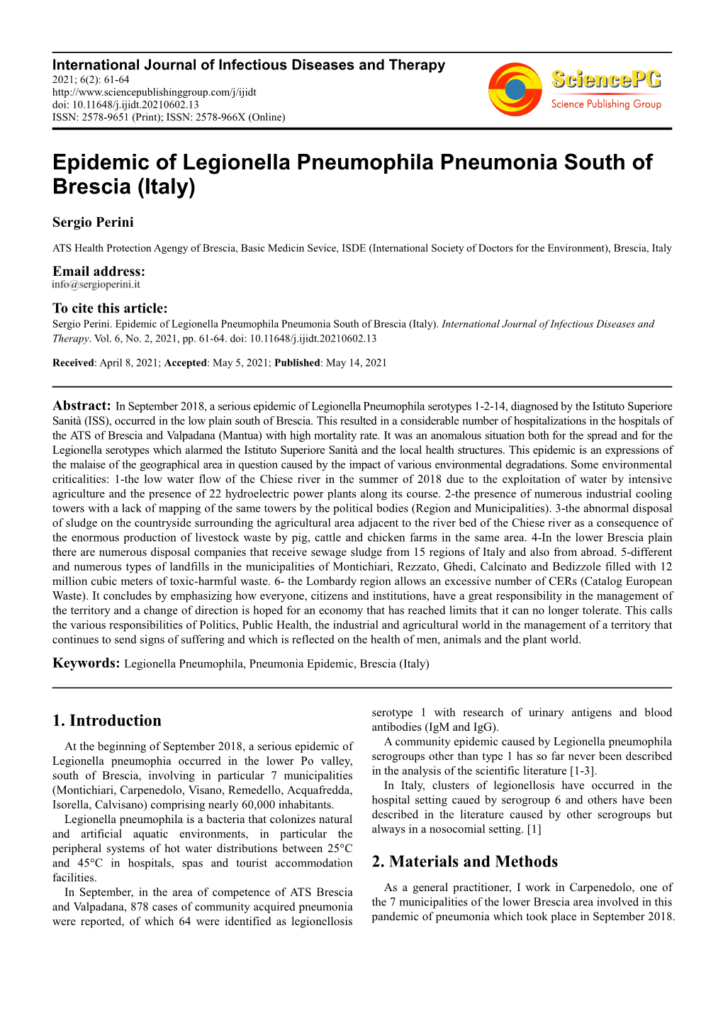 Epidemic of Legionella Pneumophila Pneumonia South of Brescia (Italy)