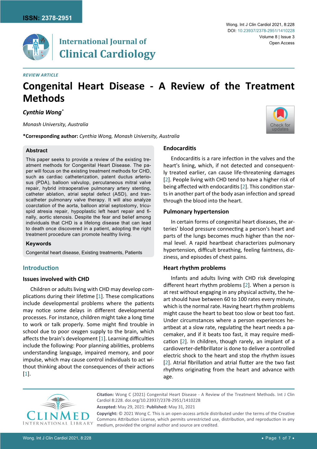 Congenital Heart Disease - a Review of the Treatment Methods Cynthia Wong*