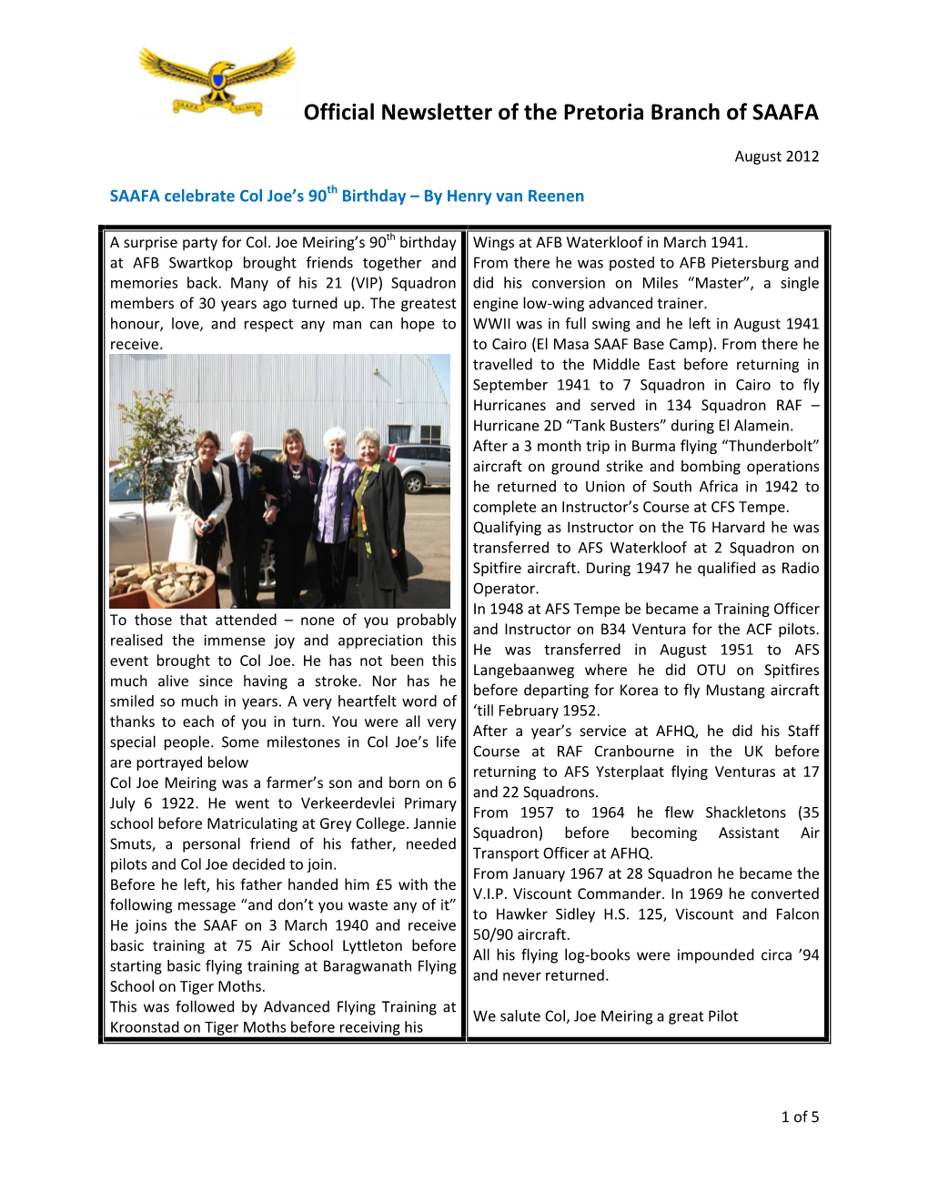 Official Newsletter of the Pretoria Branch of SAAFA