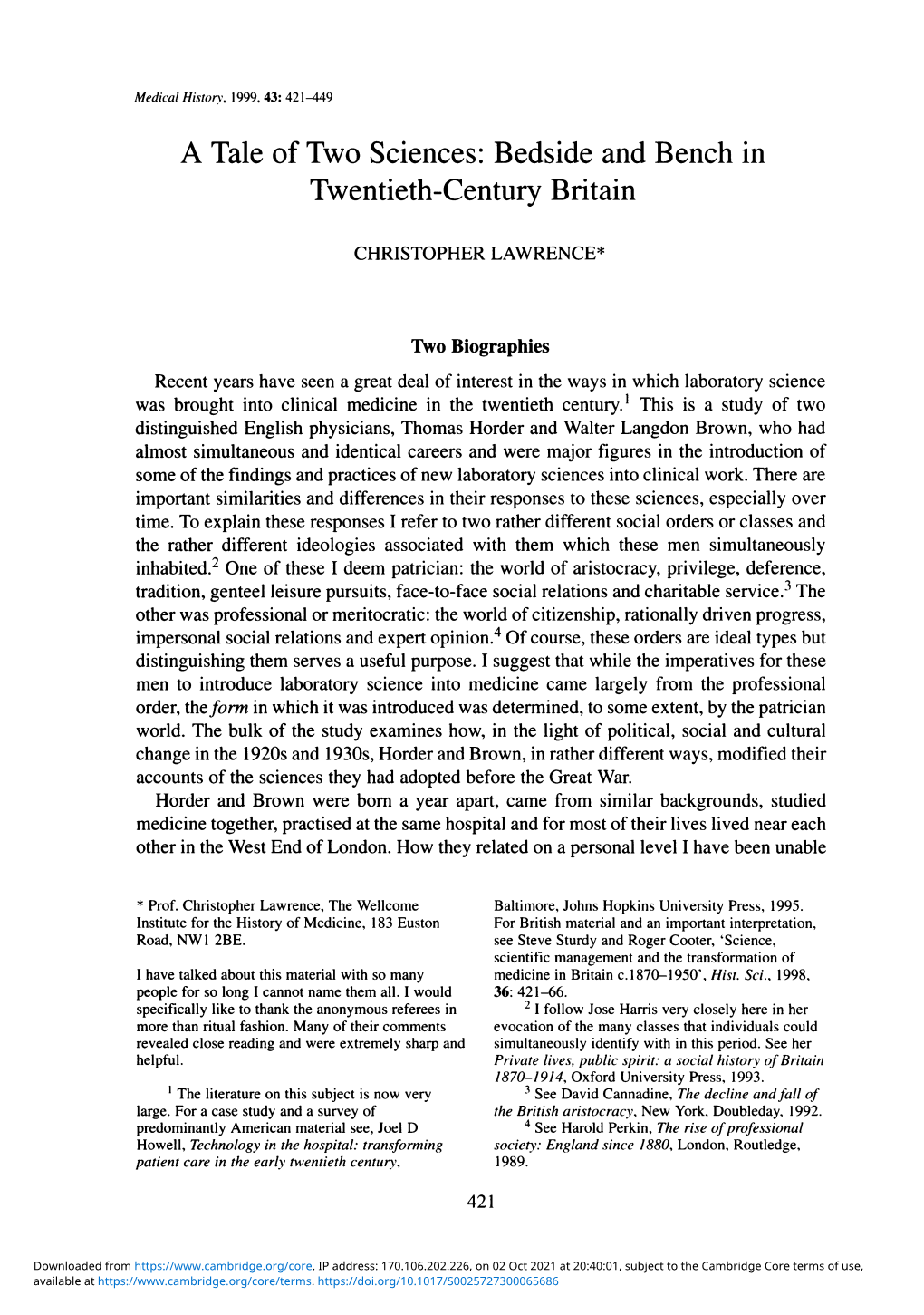 A Tale of Two Sciences: Bedside and Bench in Twentieth-Century Britain