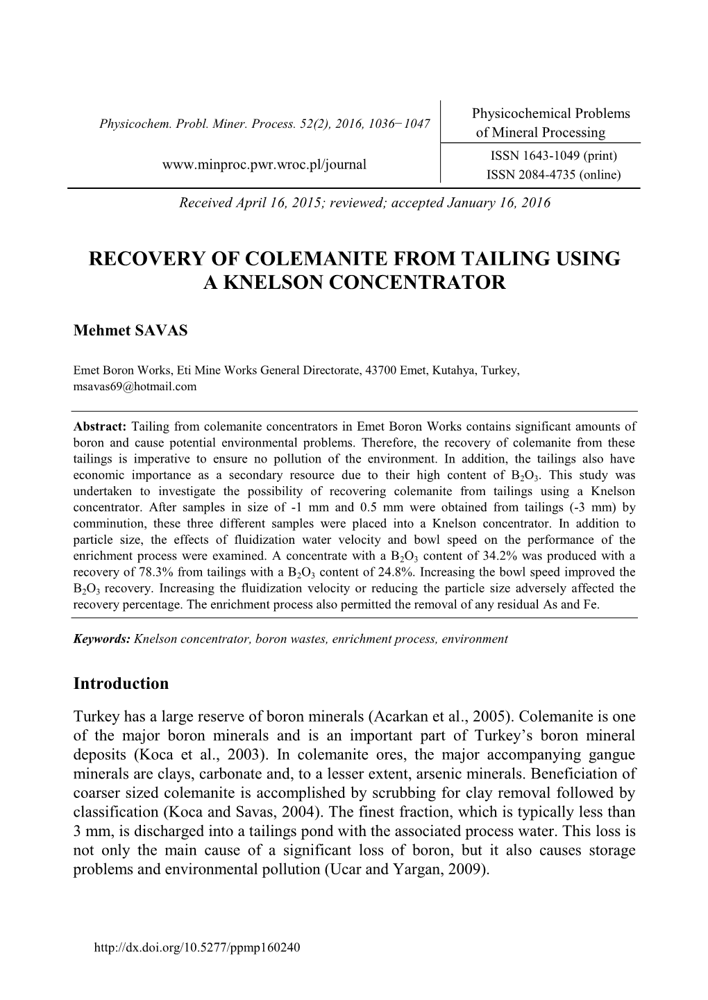 Recovery of Colemanite from Tailing Using a Knelson Concentrator