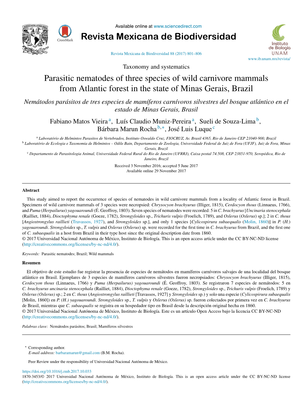 Parasitic Nematodes of Three Species of Wild Carnivore Mammals From