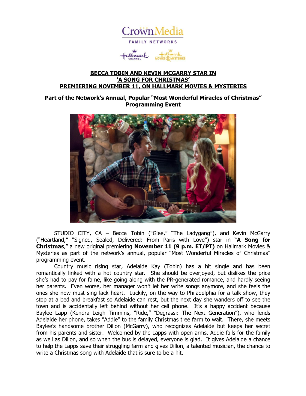 Becca Tobin and Kevin Mcgarry Star in ‘A Song for Christmas’ Premiering November 11, on Hallmark Movies & Mysteries