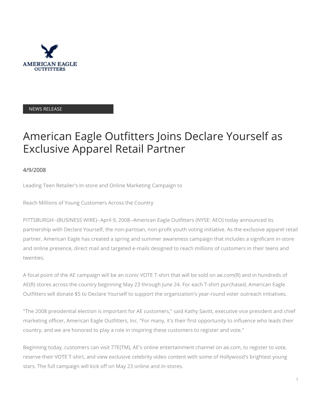 American Eagle Outfitters Joins Declare Yourself As Exclusive Apparel Retail Partner