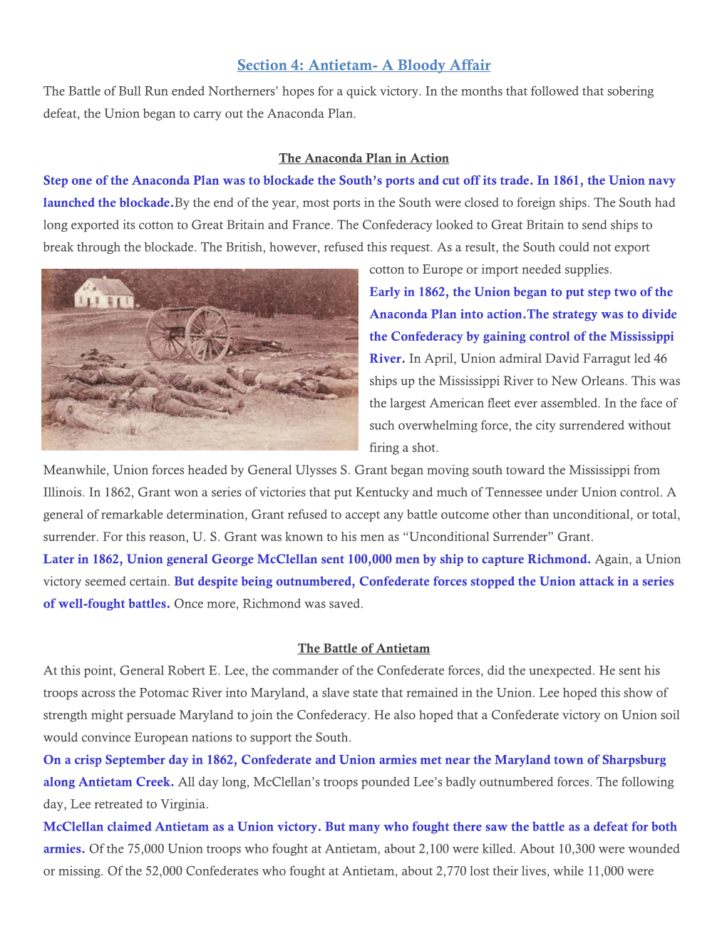 Section 4: Antietam- a Bloody Affair the Battle of Bull Run Ended Northerners’ Hopes for a Quick Victory