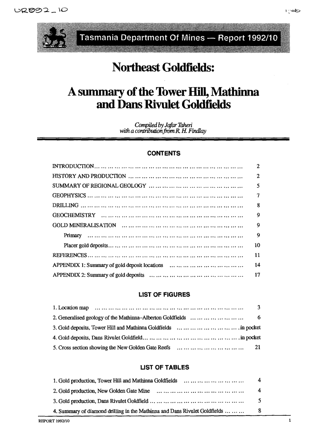 A Summary of the Tower Hill, Mathinna and Dans Rivulet Goldfields