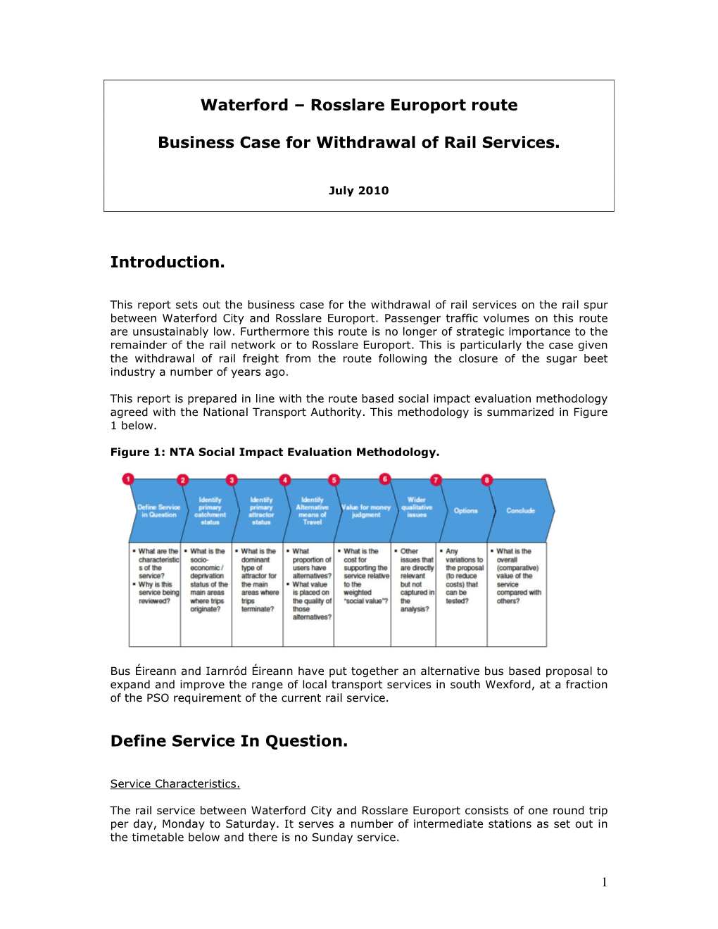 Waterford – Rosslare Europort Route Business Case for Withdrawal Of