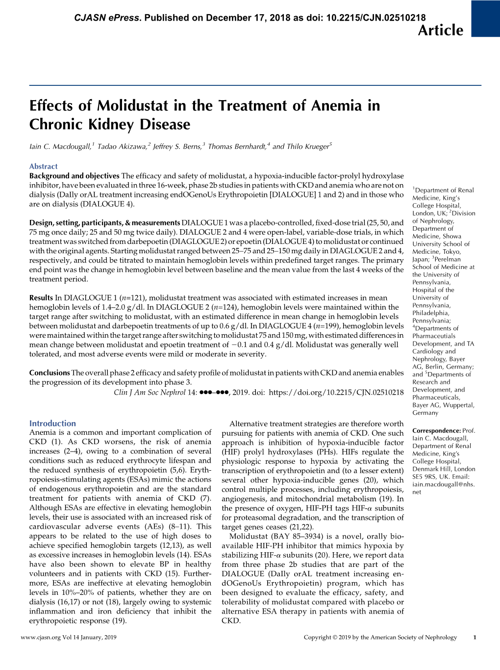 Effects of Molidustat in the Treatment of Anemia in Chronic Kidney Disease