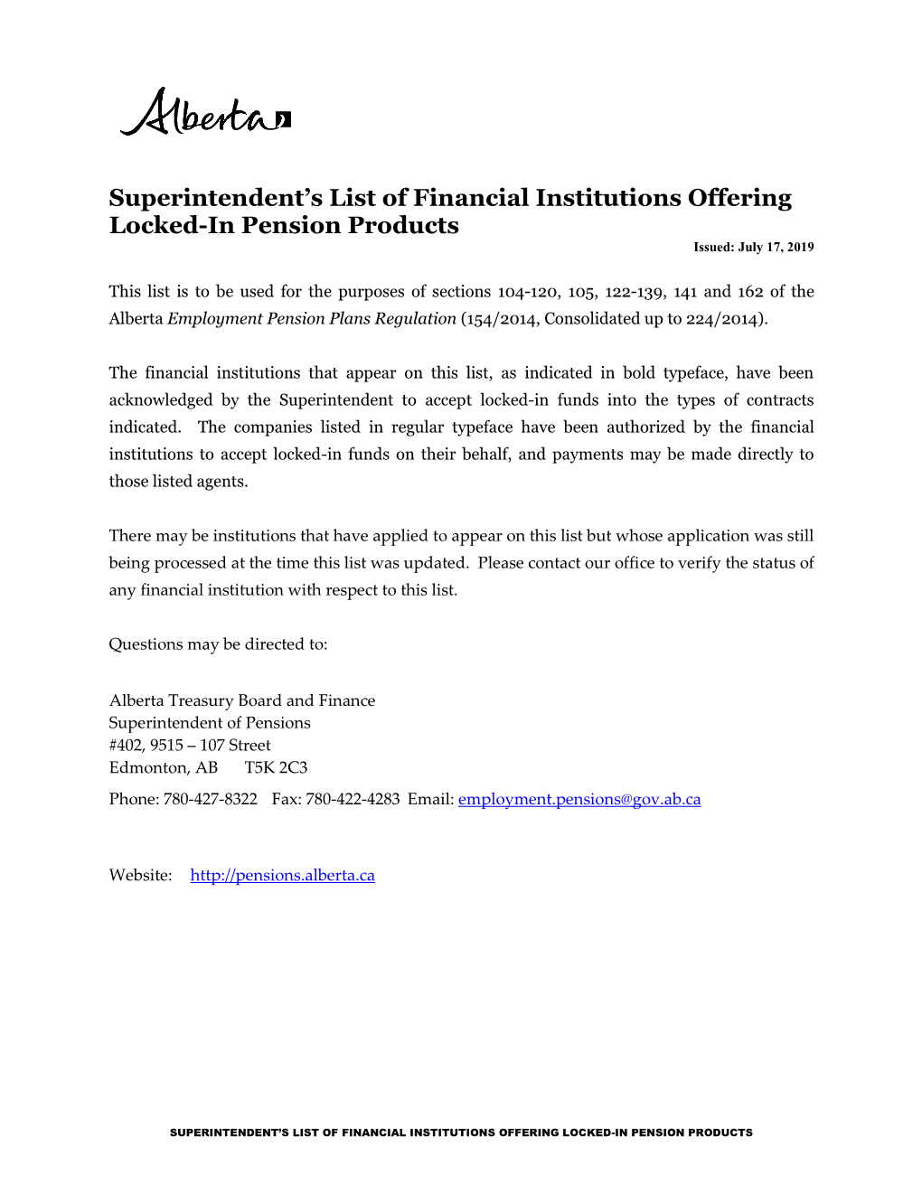 Superintendent's List of Financial Institutions Offering Locked-In
