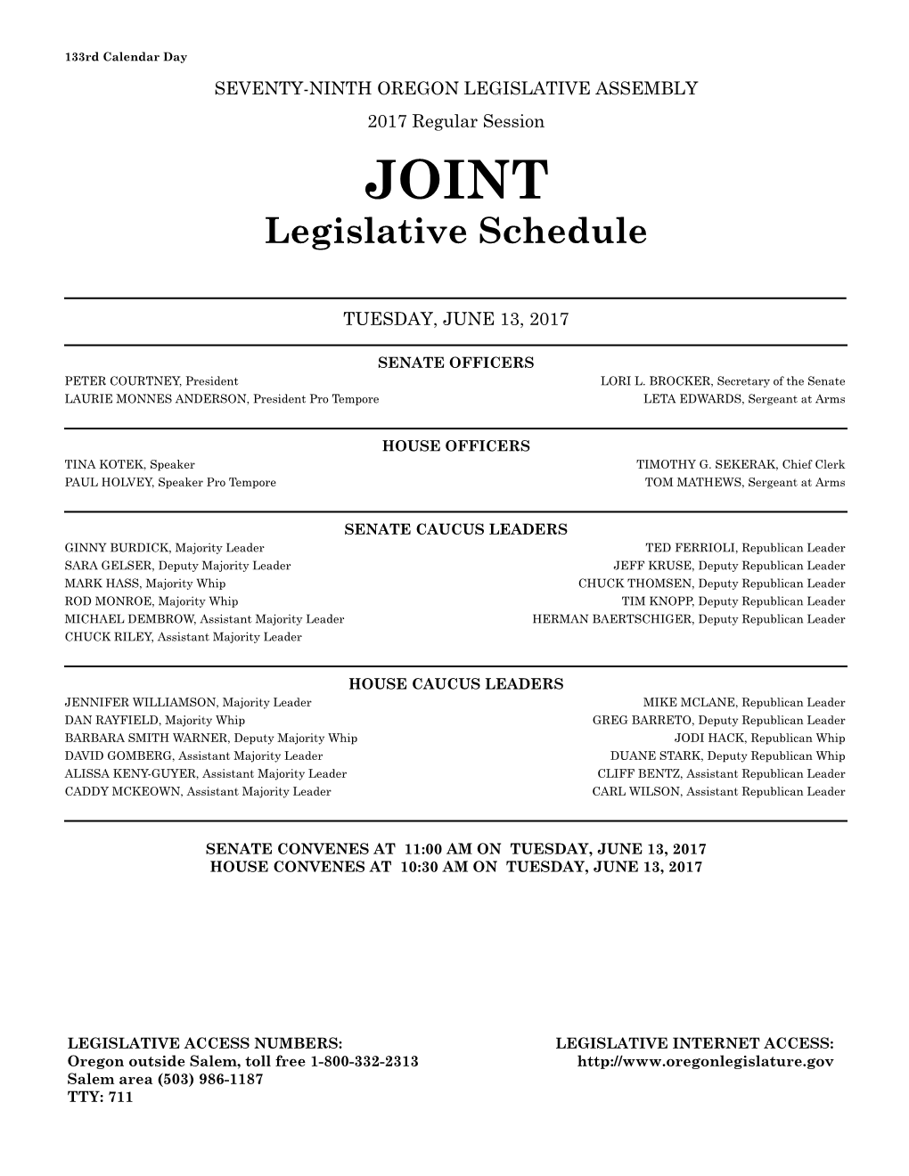 Legislative Schedule