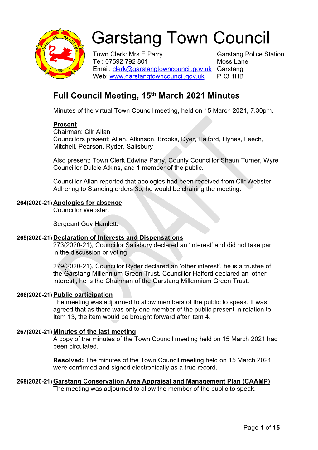 Full Council Meeting, 15Th March 2021 Minutes