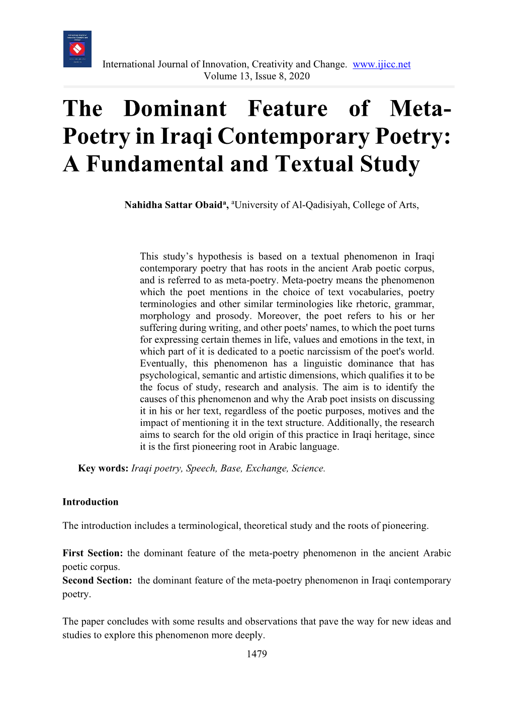 The Dominant Feature of Meta- Poetry in Iraqi Contemporary Poetry: a Fundamental and Textual Study