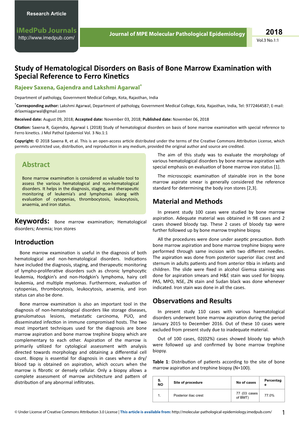 Study of Hematological Disorders on Basis of Bone Marrow Examination with Special Reference to Ferro Kinetics Rajeev Saxena, Gajendra and Lakshmi Agarwal*