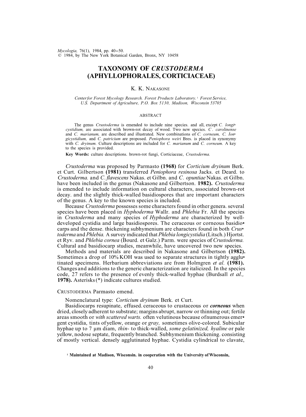 Taconomy of Crustoderma (Aphyllophorales, Corticiaceae)